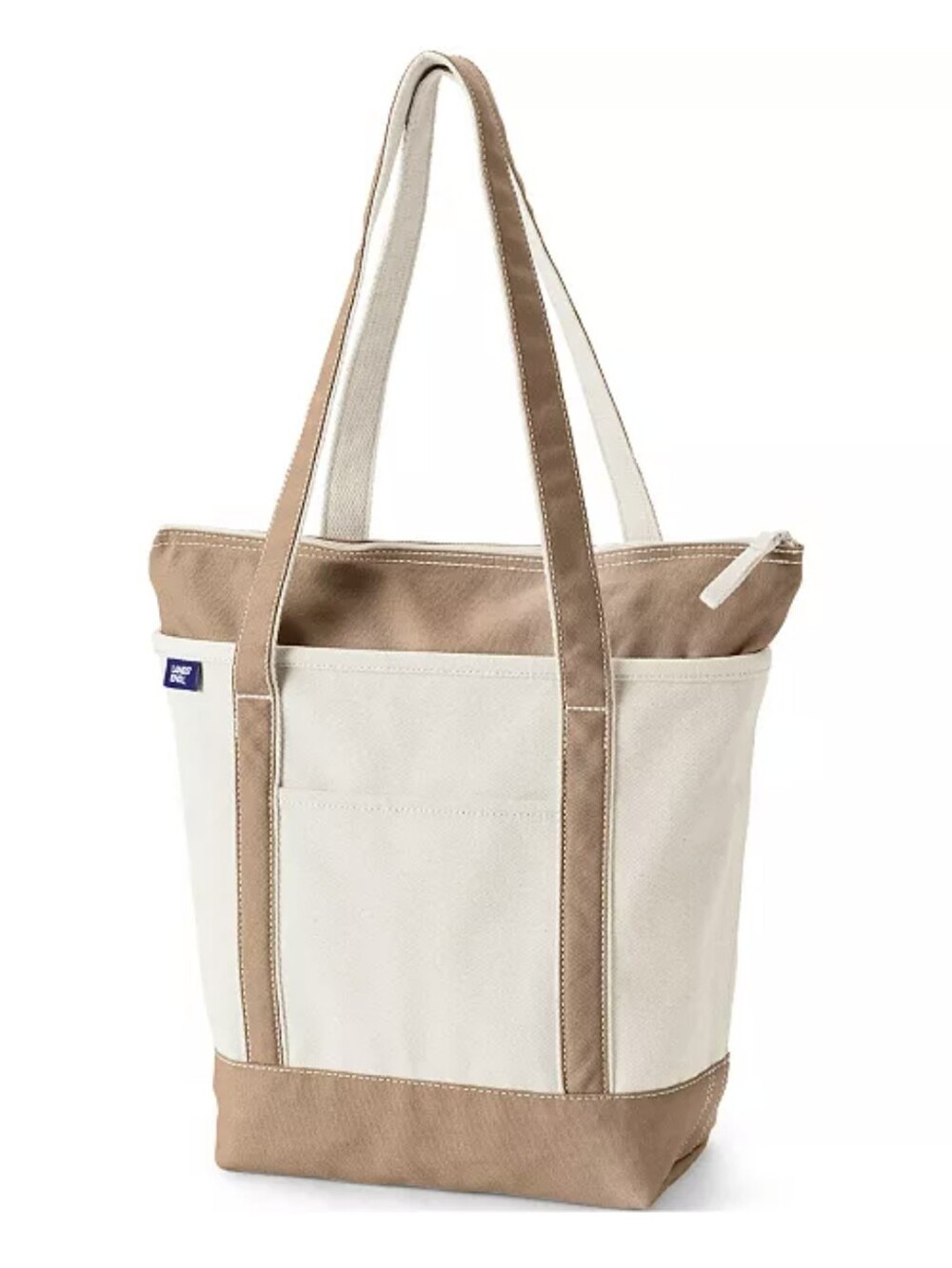 Lands' End Canvas Two-Tone Tote Bag in Cream and Beige - Zip Top Medium BNWT